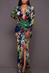 Robe longue imprimée à décolleté plongeant et jambes fendues